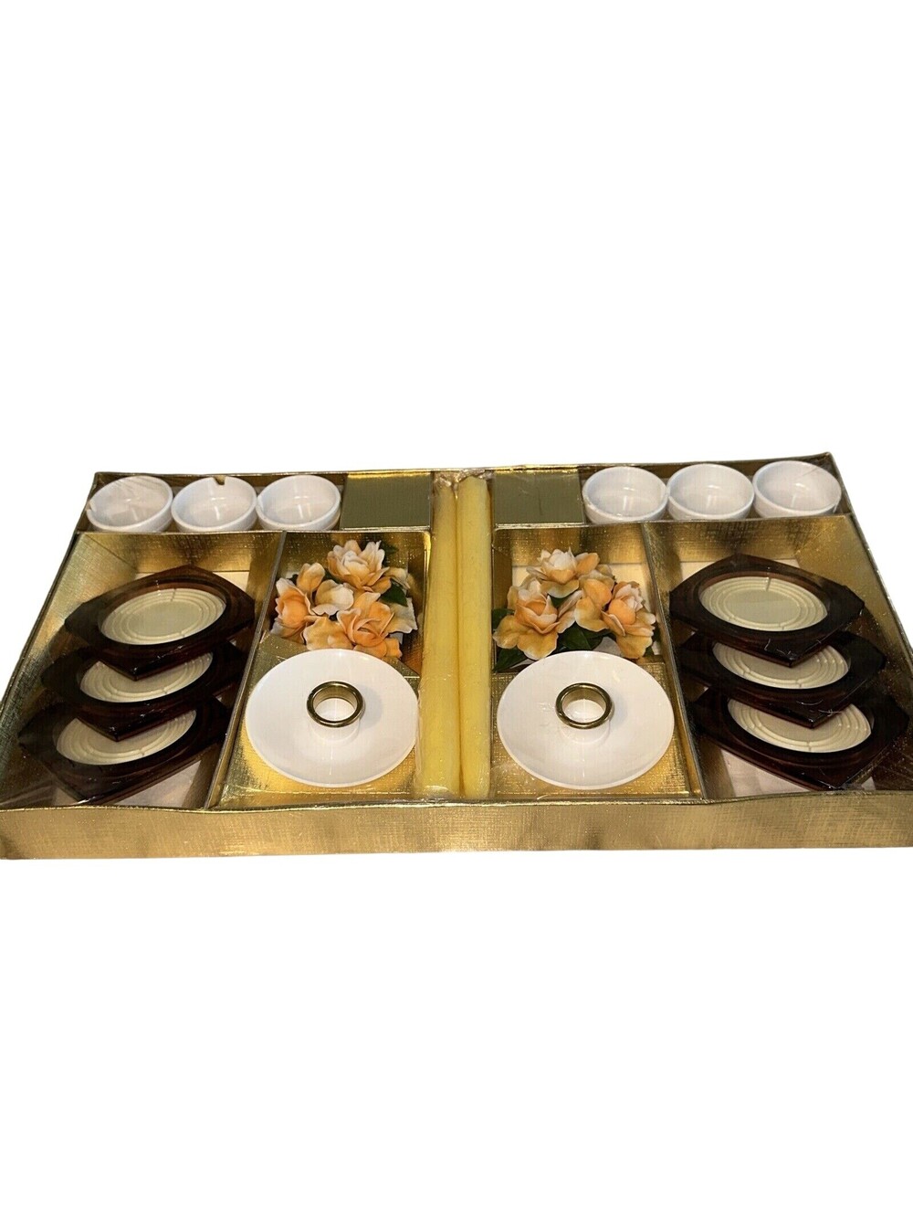 VINTAGE NIB 18pc SET Lucite Coasters Taper Candles Holder Ashtray Flowers MCM